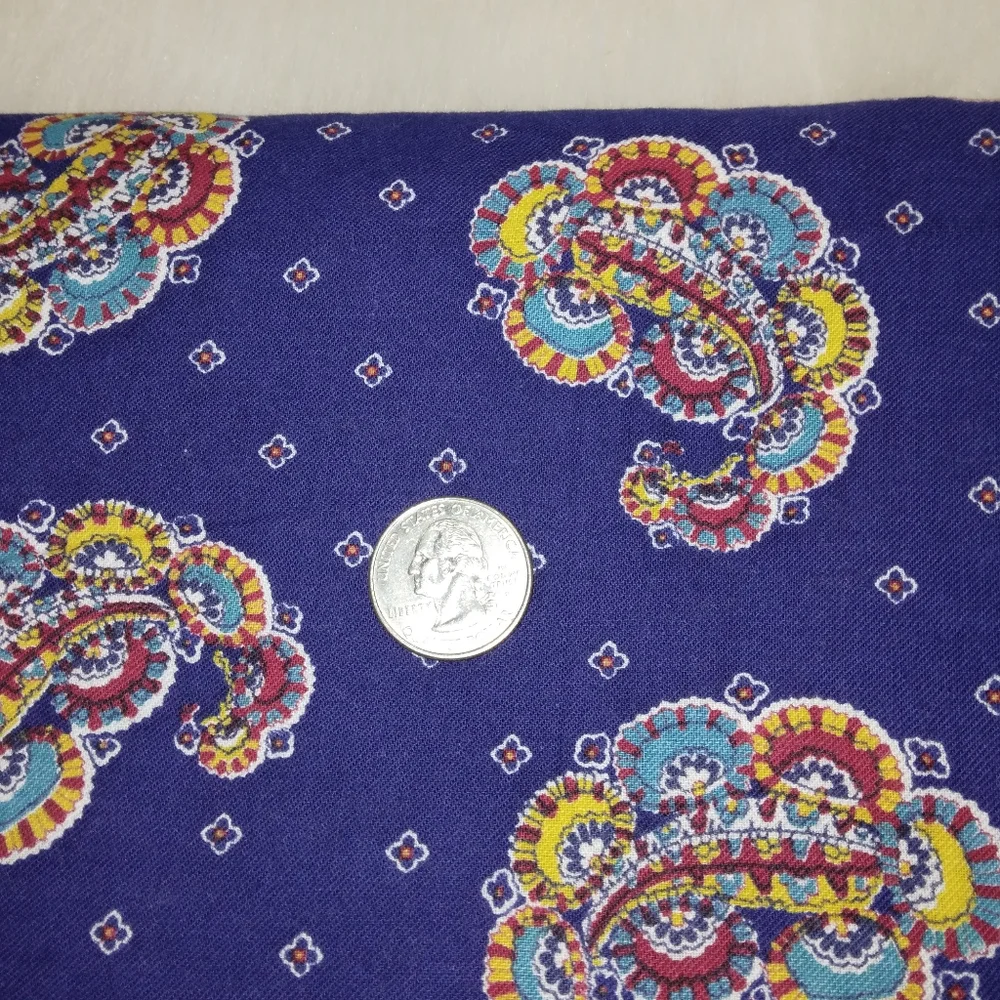 FABRIC 4 yards elaborate paisley on blue. Quarter for scale. Nice hand